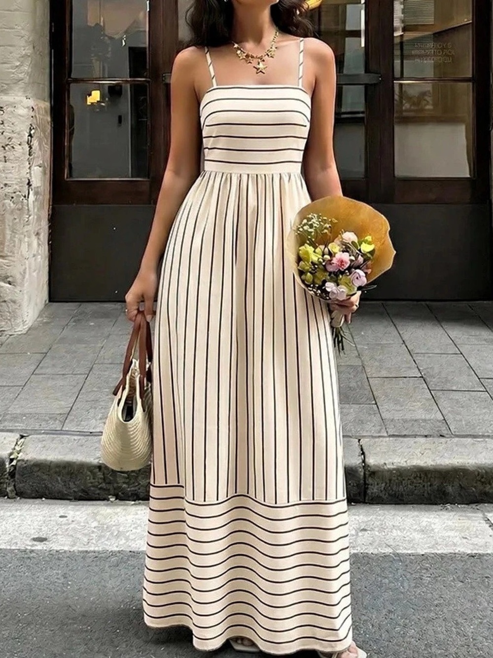 Striped Maxi Dress in Cream & Black Like New